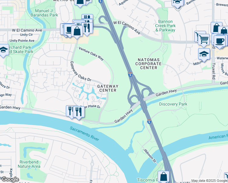 map of restaurants, bars, coffee shops, grocery stores, and more near 2275 Gateway Oaks Drive in Sacramento