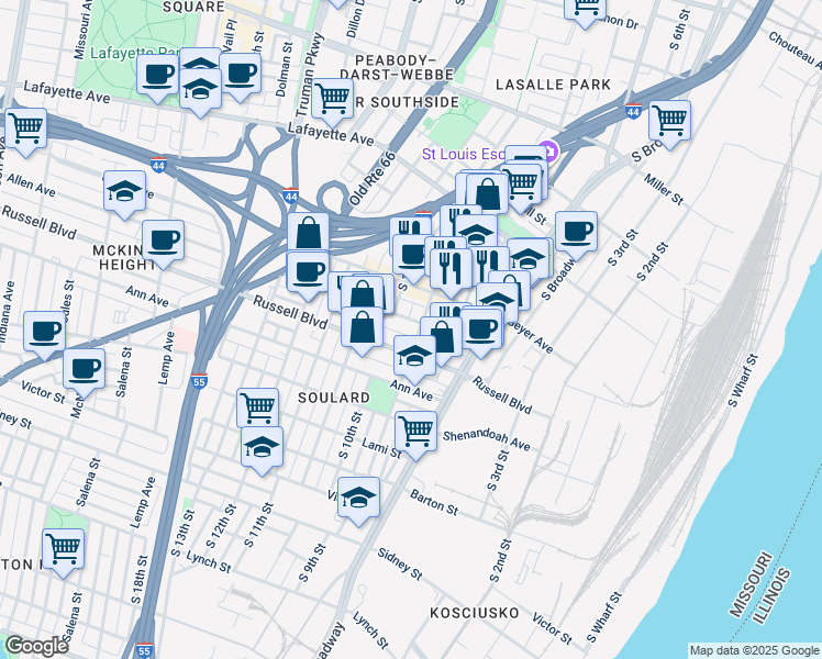 map of restaurants, bars, coffee shops, grocery stores, and more near 905 Russell Boulevard in St. Louis