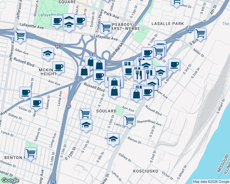 map of restaurants, bars, coffee shops, grocery stores, and more near 1006 Russell Boulevard in St. Louis