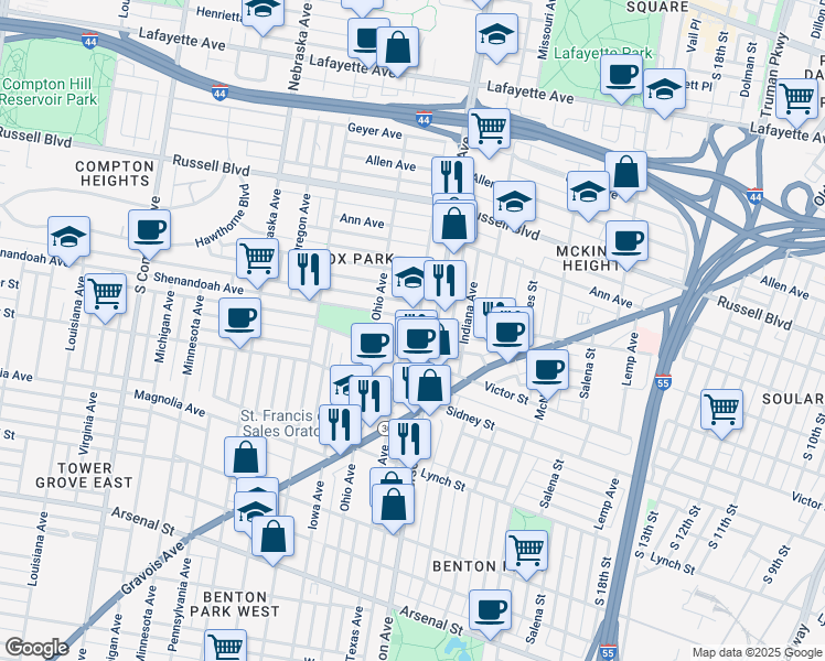 map of restaurants, bars, coffee shops, grocery stores, and more near 2322 Texas Avenue in St. Louis