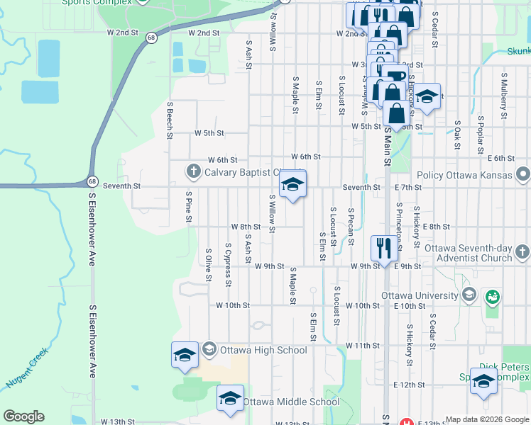map of restaurants, bars, coffee shops, grocery stores, and more near 739 South Willow Street in Ottawa