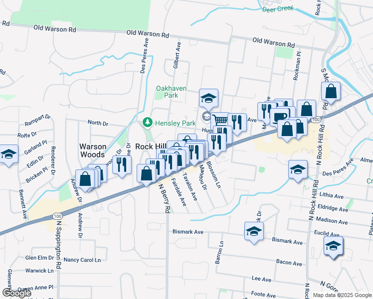 map of restaurants, bars, coffee shops, grocery stores, and more near 9815 Missouri 100 in St. Louis