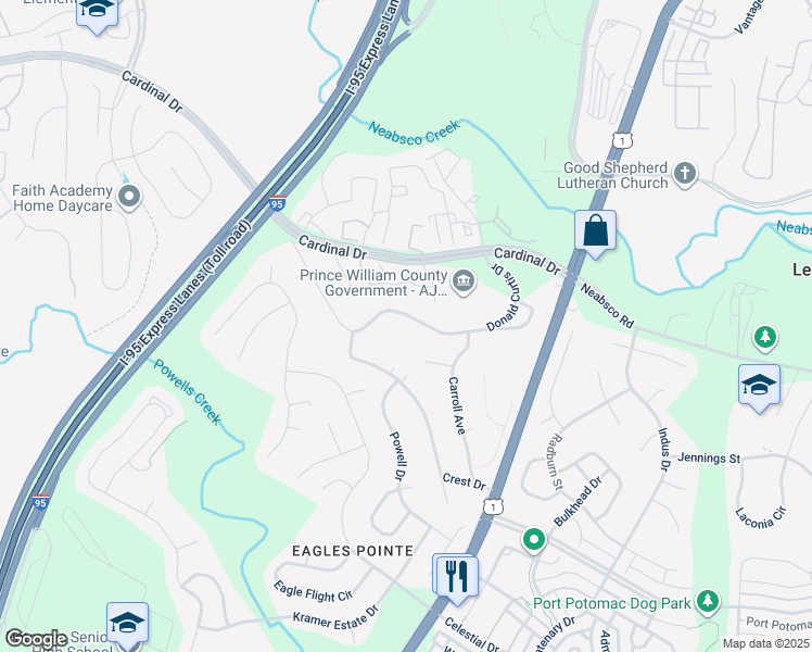 map of restaurants, bars, coffee shops, grocery stores, and more near 15916 Donald Curtis Drive in Woodbridge