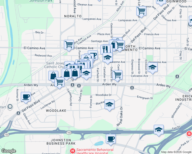 map of restaurants, bars, coffee shops, grocery stores, and more near 2285 Fairfield Street in Sacramento