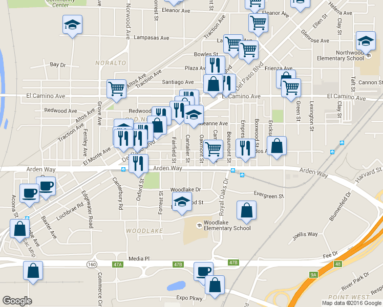 map of restaurants, bars, coffee shops, grocery stores, and more near 2284 Cantalier Street in Sacramento
