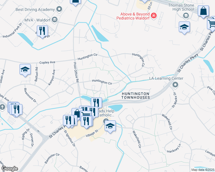 map of restaurants, bars, coffee shops, grocery stores, and more near 3699 Kempsford Field Place in Waldorf