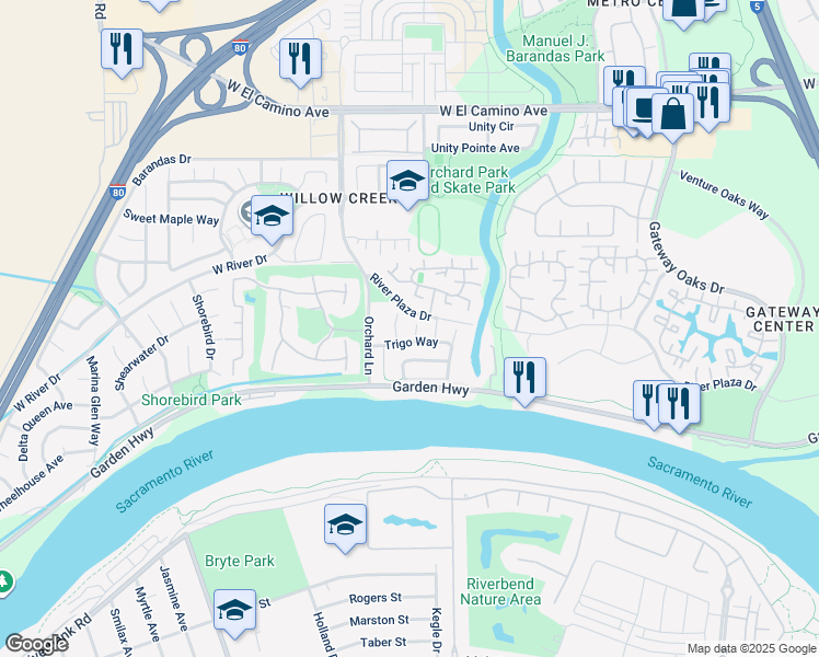 map of restaurants, bars, coffee shops, grocery stores, and more near 2 Las Uvas Court in Sacramento