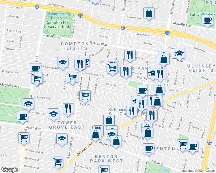 map of restaurants, bars, coffee shops, grocery stores, and more near 2910 Victor Street in St. Louis