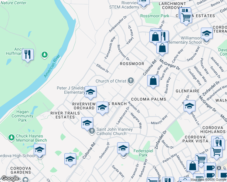 map of restaurants, bars, coffee shops, grocery stores, and more near 2251 Palmwood Court in Rancho Cordova