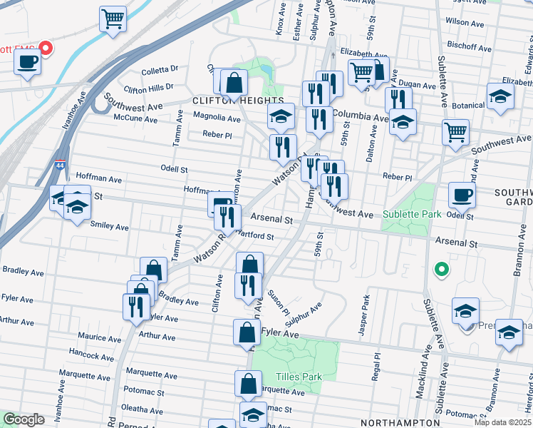 map of restaurants, bars, coffee shops, grocery stores, and more near 6019 Arsenal Street in St. Louis