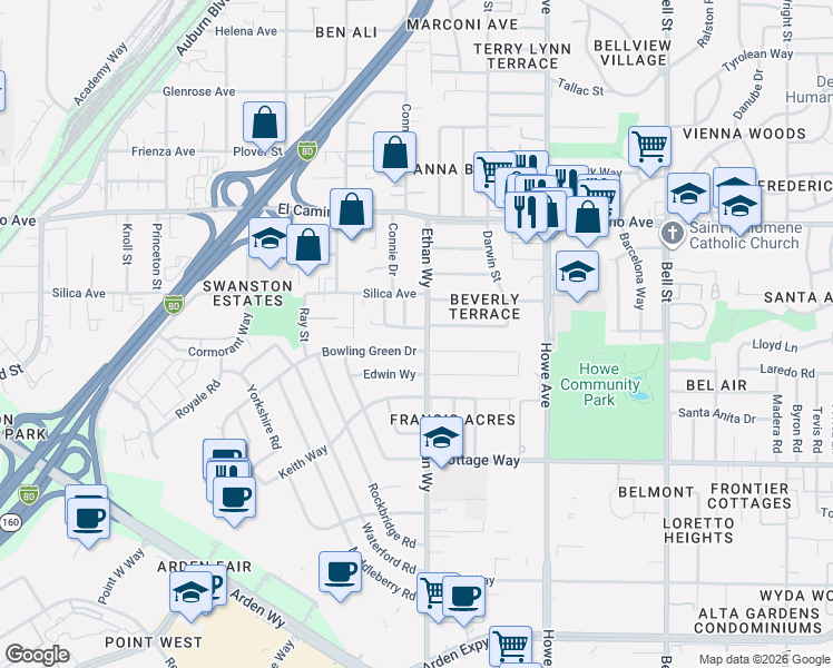 map of restaurants, bars, coffee shops, grocery stores, and more near 1949 Bowling Green Drive in Sacramento