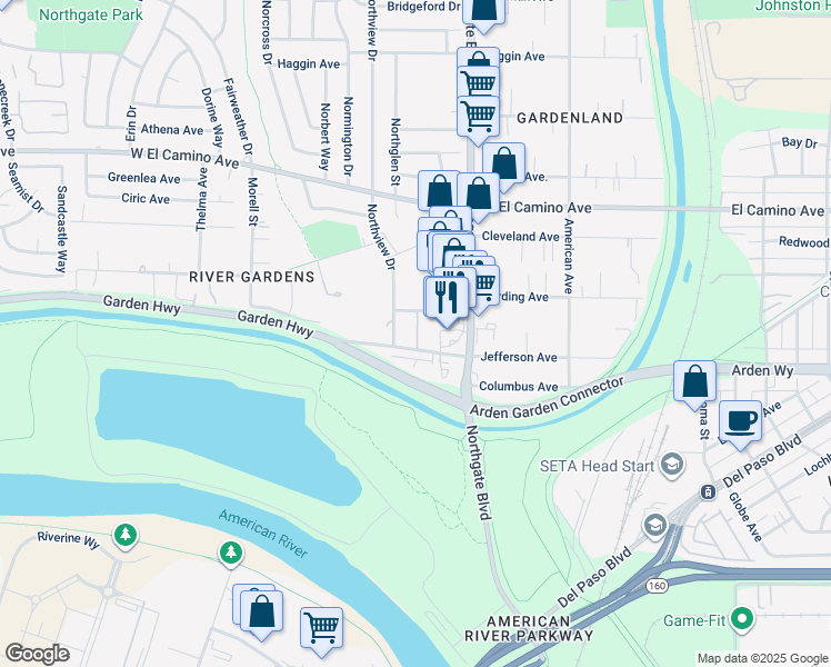 map of restaurants, bars, coffee shops, grocery stores, and more near 631 Garden Highway in Sacramento