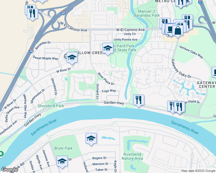 map of restaurants, bars, coffee shops, grocery stores, and more near 2 Las Uvas Court in Sacramento