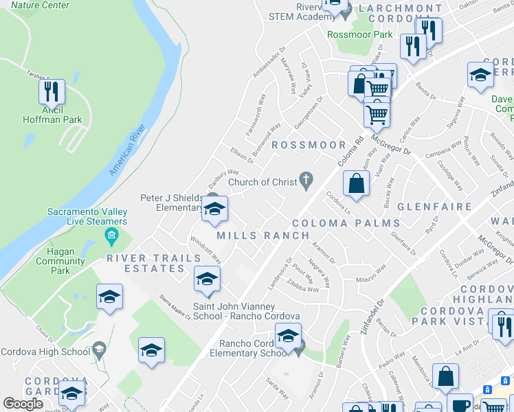 map of restaurants, bars, coffee shops, grocery stores, and more near 2235 Palmwood Court in Rancho Cordova