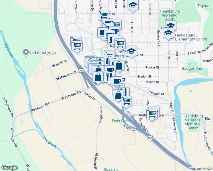 map of restaurants, bars, coffee shops, grocery stores, and more near 36 Mill Street in Healdsburg