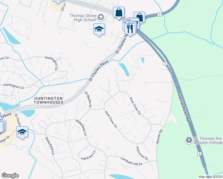 map of restaurants, bars, coffee shops, grocery stores, and more near 3429 Walnut Court in Waldorf