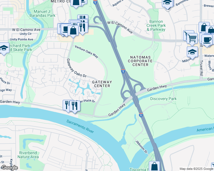 map of restaurants, bars, coffee shops, grocery stores, and more near 2275 Gateway Oaks Drive in Sacramento
