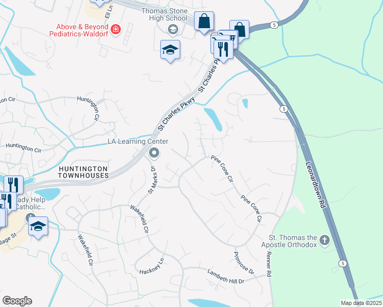 map of restaurants, bars, coffee shops, grocery stores, and more near 3429 Walnut Court in Waldorf