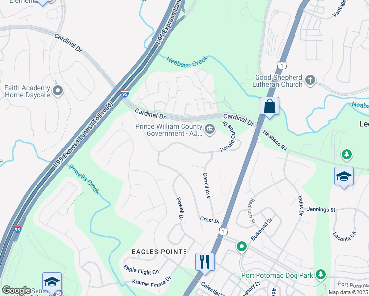 map of restaurants, bars, coffee shops, grocery stores, and more near 15916 Donald Curtis Drive in Woodbridge