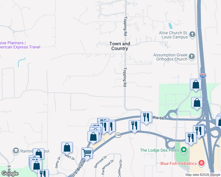map of restaurants, bars, coffee shops, grocery stores, and more near 12939 Thornhill Drive in St. Louis