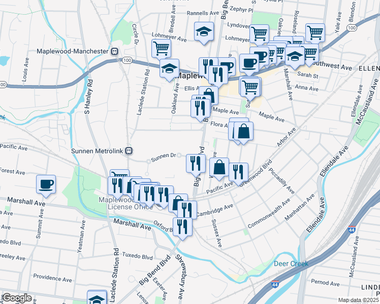 map of restaurants, bars, coffee shops, grocery stores, and more near 2 Sunnen Drive in Maplewood