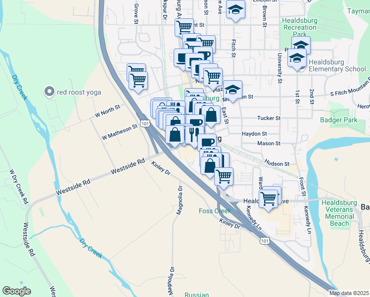 map of restaurants, bars, coffee shops, grocery stores, and more near 36 Mill St in Healdsburg