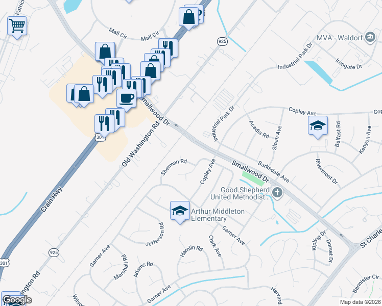map of restaurants, bars, coffee shops, grocery stores, and more near 136 Stoddert Avenue in Waldorf