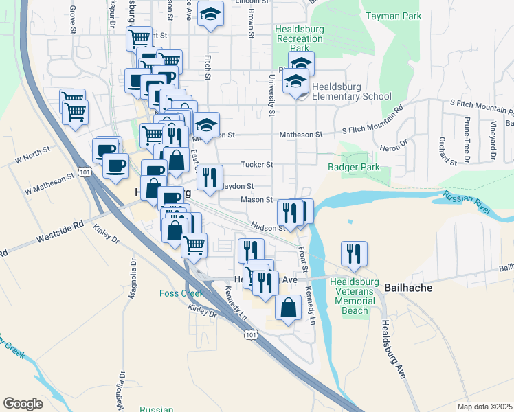 map of restaurants, bars, coffee shops, grocery stores, and more near 359 Hudson Street in Healdsburg