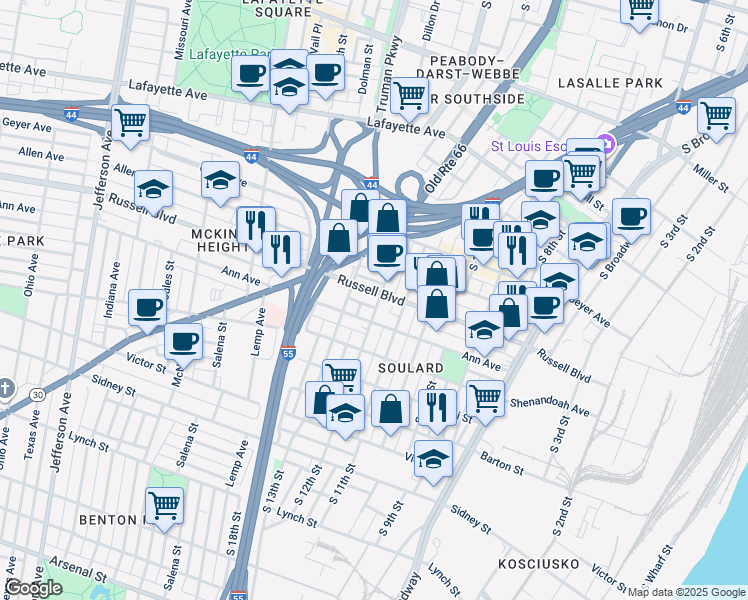 map of restaurants, bars, coffee shops, grocery stores, and more near 2127a South 12th Street in St. Louis