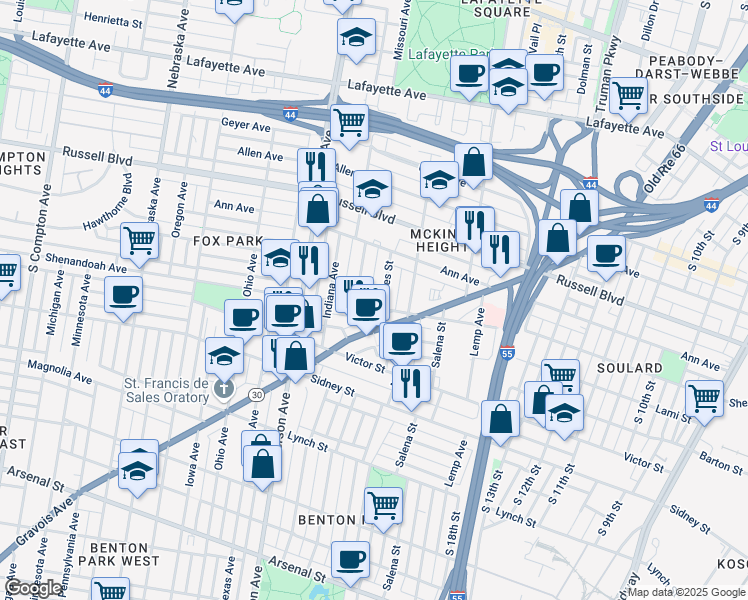 map of restaurants, bars, coffee shops, grocery stores, and more near 2125 Beauty Alley in St. Louis