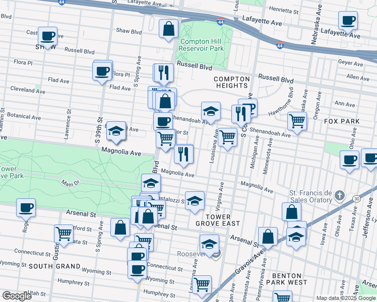 map of restaurants, bars, coffee shops, grocery stores, and more near 2617 Tennessee Avenue in St. Louis