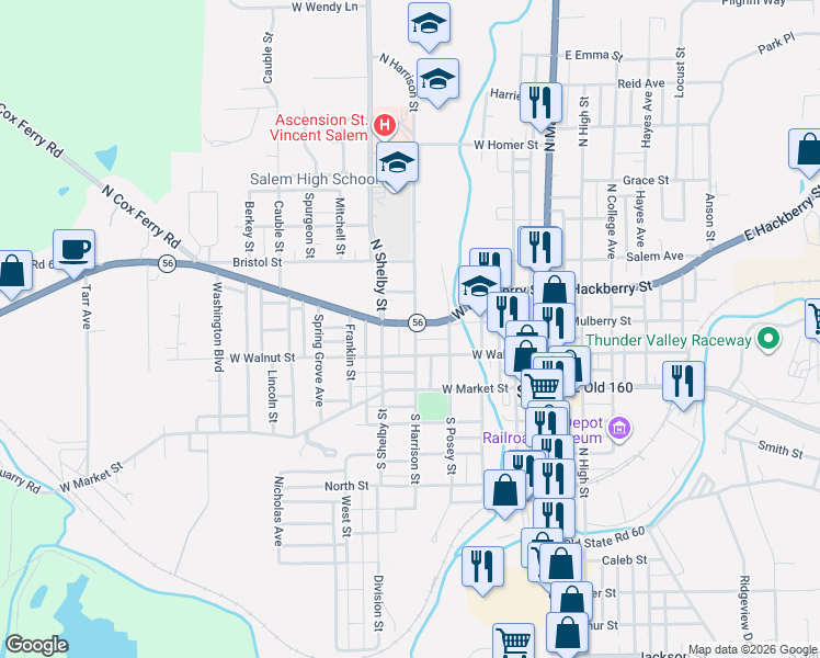 map of restaurants, bars, coffee shops, grocery stores, and more near 500 West Mulberry Street in Salem