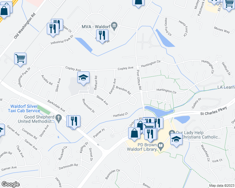 map of restaurants, bars, coffee shops, grocery stores, and more near 824 Roxbury Court in Waldorf