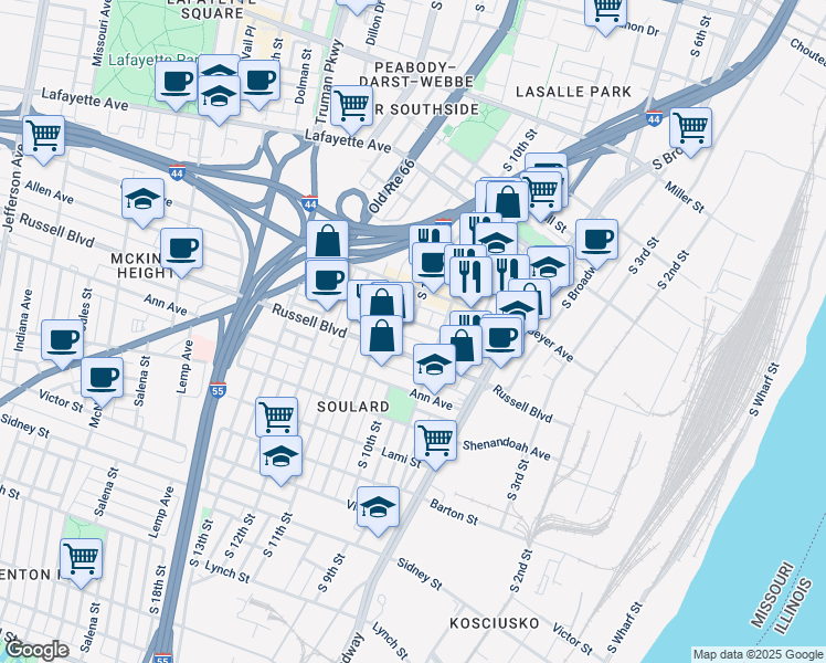 map of restaurants, bars, coffee shops, grocery stores, and more near 905 Russell Boulevard in St. Louis