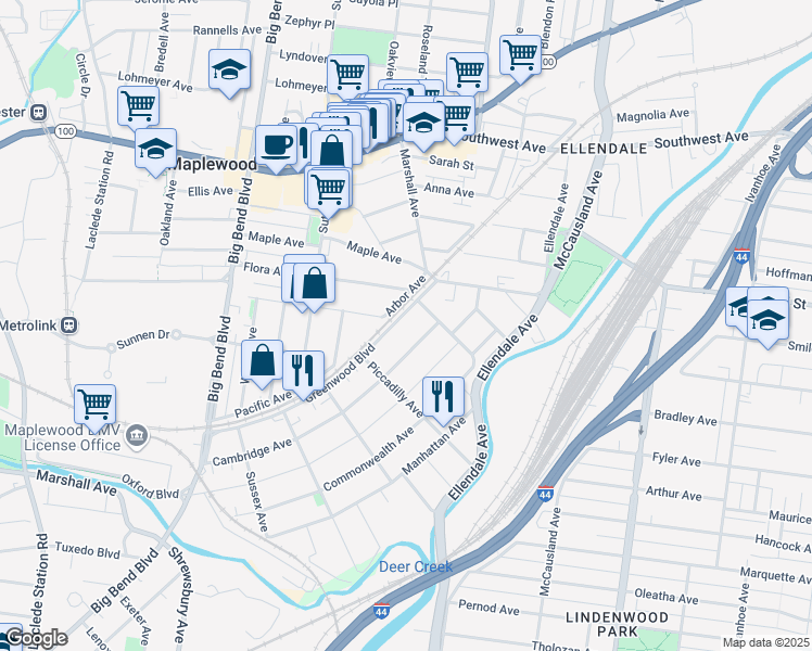 map of restaurants, bars, coffee shops, grocery stores, and more near 3320 Greenwood Boulevard in St. Louis