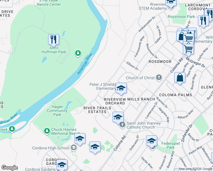 map of restaurants, bars, coffee shops, grocery stores, and more near 10398 Ambassador Drive in Rancho Cordova
