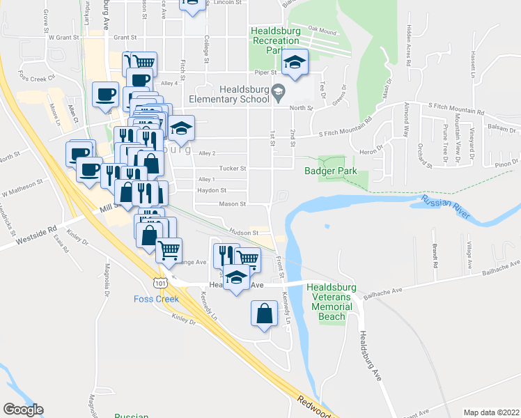 map of restaurants, bars, coffee shops, grocery stores, and more near 460 Mason Street in Healdsburg