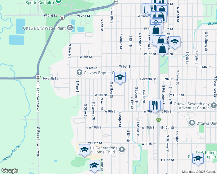 map of restaurants, bars, coffee shops, grocery stores, and more near 739 South Willow Street in Ottawa