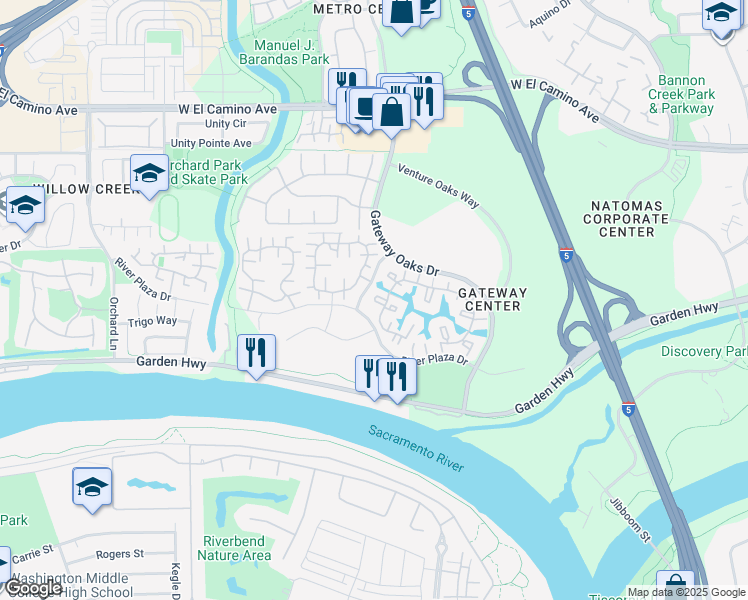 map of restaurants, bars, coffee shops, grocery stores, and more near 2255 River Plaza Drive in Sacramento
