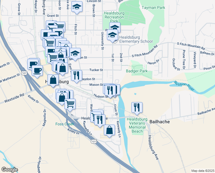 map of restaurants, bars, coffee shops, grocery stores, and more near 86 Front Street in Healdsburg