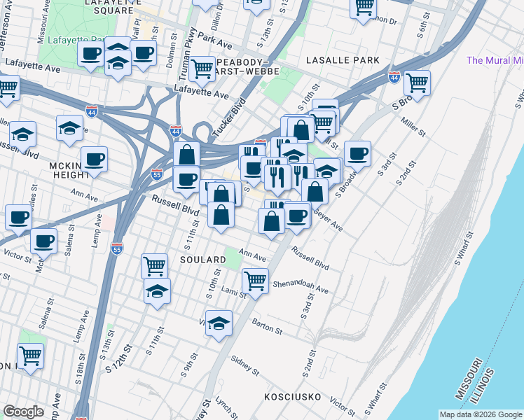 map of restaurants, bars, coffee shops, grocery stores, and more near 905 Russell Boulevard in St. Louis