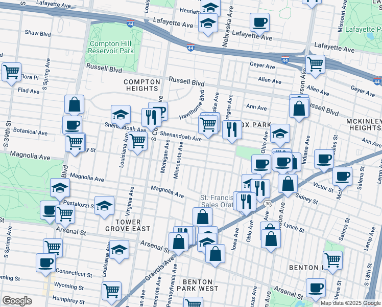 map of restaurants, bars, coffee shops, grocery stores, and more near 3003 Sidney Street in St. Louis