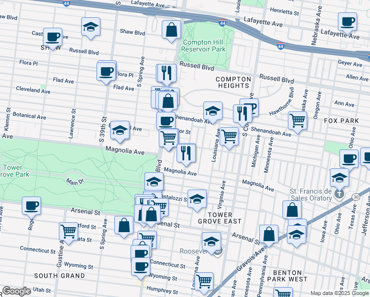 map of restaurants, bars, coffee shops, grocery stores, and more near 2617 Tennessee Avenue in St. Louis