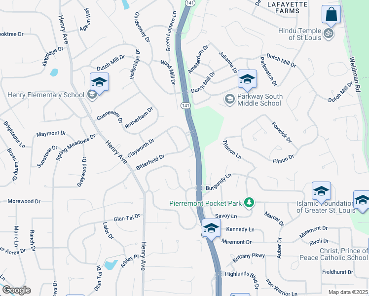 map of restaurants, bars, coffee shops, grocery stores, and more near 906 Bitterfield Drive in Ballwin