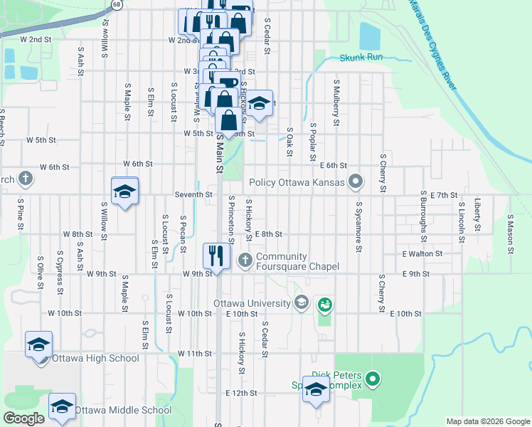 map of restaurants, bars, coffee shops, grocery stores, and more near 745 South Hickory Street in Ottawa