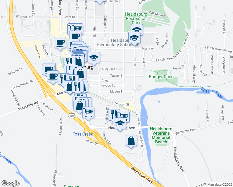 map of restaurants, bars, coffee shops, grocery stores, and more near 418 Mason Street in Healdsburg