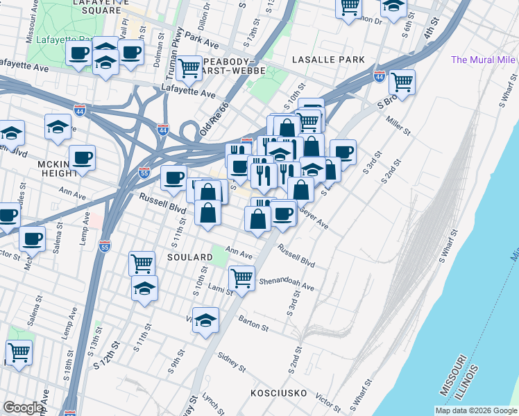 map of restaurants, bars, coffee shops, grocery stores, and more near 811 Allen Avenue in St. Louis