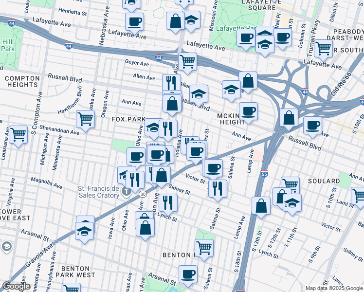 map of restaurants, bars, coffee shops, grocery stores, and more near 2245 Shenandoah Avenue in St. Louis