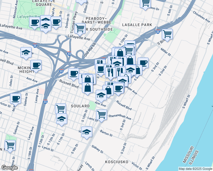 map of restaurants, bars, coffee shops, grocery stores, and more near 819 Allen Avenue in St. Louis
