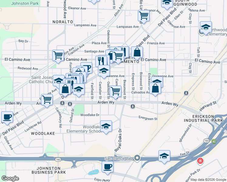 map of restaurants, bars, coffee shops, grocery stores, and more near 731 Calvados Avenue in Sacramento